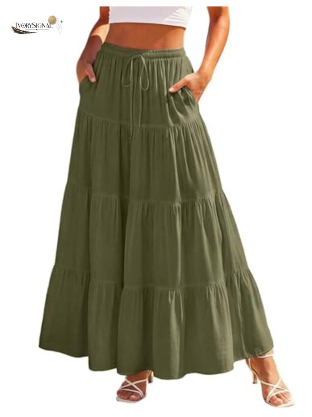 Flowy Tiered Renaissance Maxi Skirt with Pockets Elastic Waist Tie